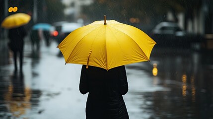 A person holding a yellow umbrella walking along a rain-soaked street, the bright color standing out against the grey surroundings.