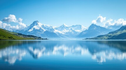Naklejka premium A picturesque lake with a clear blue sky and snow-capped mountains in the distance, perfect for a peaceful escape.