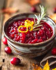 Close-Up of Rustic Bowl with Vibrant Cranberry Sauce, Garnished with Orange Zest and Rosemary, Glistening Under Soft Warm Lighting on Wooden Table with Autumn Leaves