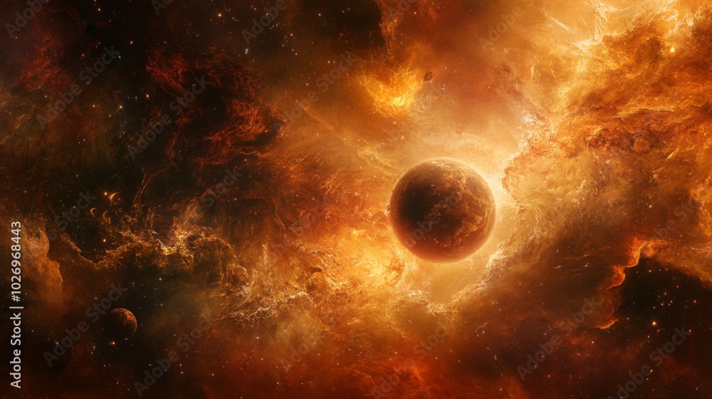 Poster a fiery nebula in space with a planet in the foreground.