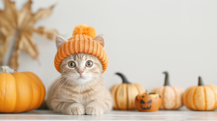 Adorable striped orange kitten cat wearing yellow wool hat with Jack O' Lantern pumpkin doll decorated on the carpet floor in comfortable white house. Animal happy on Halloween holiday