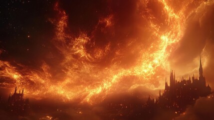 Obraz premium A fiery sky with a city skyline in the foreground.