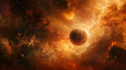 A fiery nebula in space with a planet in the foreground.