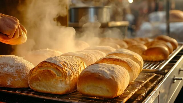Freshly baked bread loaves on a cooling rack with steam rising, a hand is reaching for one.