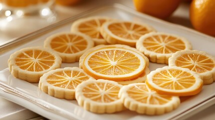 A plate of orange-flavored cookies arranged on a tray, with orange slices for garnish