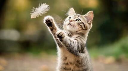 A playful cat batting at a feather toy, mid-air, with its paws stretched out and eyes focused