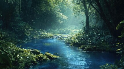 Obraz premium A quiet blue stream meandering through a lush forest, the water crystal-clear as it reflects the surrounding greenery.