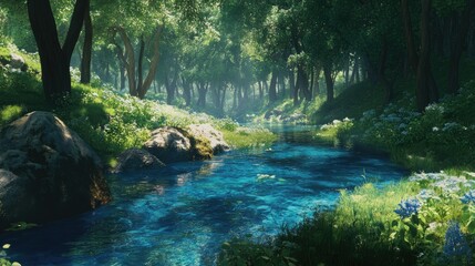Fototapeta premium A quiet blue stream meandering through a lush forest, the water crystal-clear as it reflects the surrounding greenery.