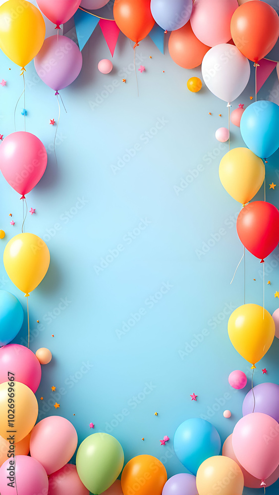 Poster a blue background with a border of colorful balloons and confetti. there is space in the center for 