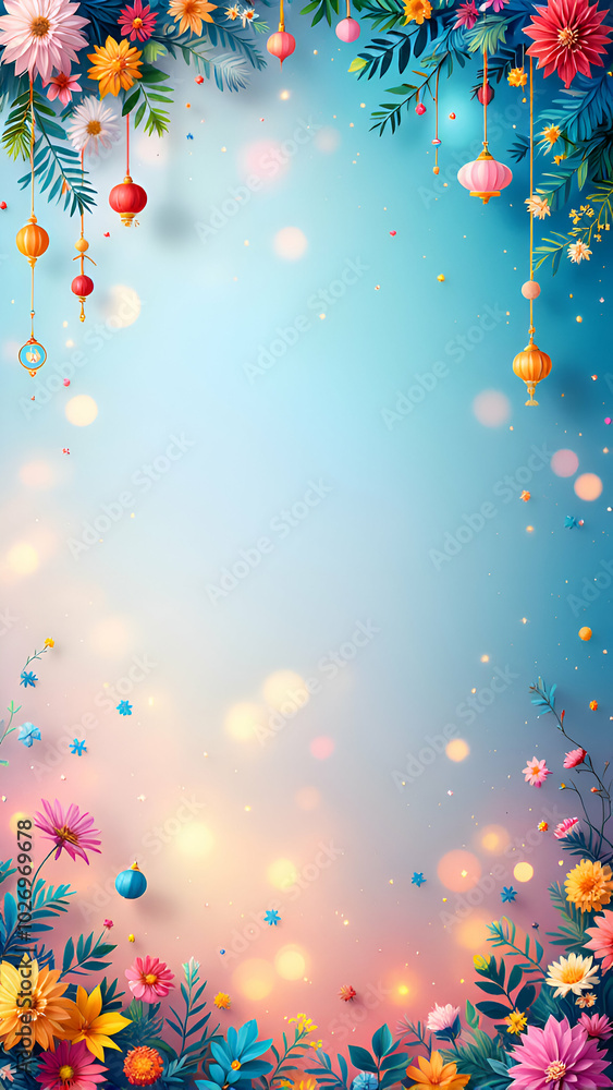 Poster a colorful floral frame with hanging lanterns against a soft blue and pink gradient background with 