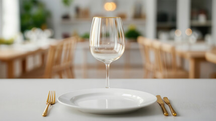 Empty wine glass and white plate with gold cutlery on a set dining table in a bright, modern interior. Elegant dining setup concept for events and home decor