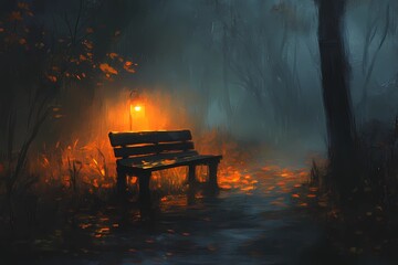 Wooden bench in a quiet autumn park, with vibrant fall foliage scattered around, creating a peaceful, nostalgic scene.
