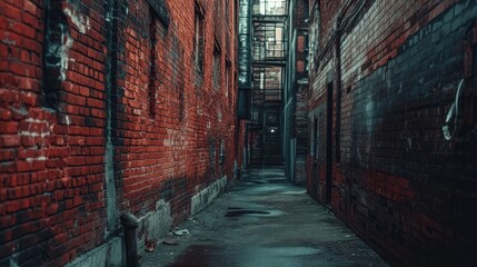 Fototapeta premium A red brick wall in an urban alleyway, creating a gritty and industrial atmosphere