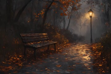 Wooden bench in a quiet autumn park, with vibrant fall foliage scattered around, creating a peaceful, nostalgic scene.