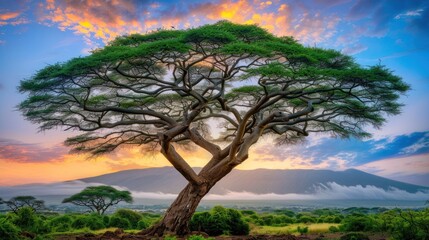 Fototapeta premium A Majestic Acacia Tree at Dawn with a Mountain in the Background