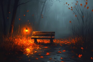 Wooden bench in a quiet autumn park, with vibrant fall foliage scattered around, creating a peaceful, nostalgic scene.