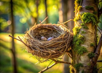 Minimalist Man-Made Bird Nest Attached to Tree Branch in Serene Nature Setting
