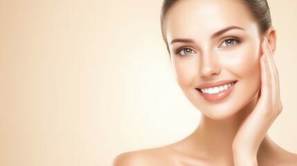 Fototapeta premium Radiant Beauty: A portrait of a woman with flawless skin and a bright smile, radiating confidence and natural beauty. Her radiant complexion and gentle touch evoke a sense of purity and well-being. 