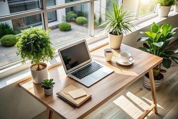 Fototapeta premium Minimalist Office Workspace with Businessman Using Laptop for Productivity and Focus
