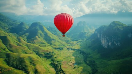 Naklejka premium A red hot air balloon floating over a lush green valley, creating a stunning contrast