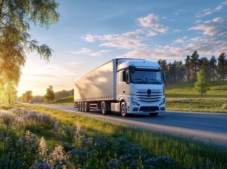 White truck driving on a country asphalt road at sunset