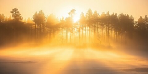 Golden Hour in the Forest: A mystical sunrise bathes a serene forest in a warm, golden glow, as fog swirls around the base of the trees, creating an ethereal and captivating scene.  