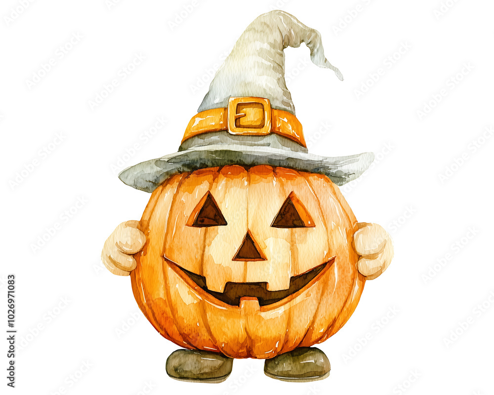 Wall mural cheerful pumpkin character wearing witchs hat, perfect for Halloween celebrations. This whimsical design captures festive spirit with its bright colors and playful expression