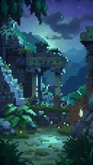 Ancient stone ruins with archway in jungle setting at night pixel art background. 8-bit game assets