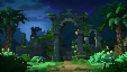 Ancient stone ruins with archway in jungle setting at night pixel art background. 8-bit game assets