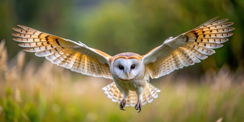 Fototapeta premium Barn owl in flight before attack against clean background, barn owl, flight, attack, predator, bird, wildlife