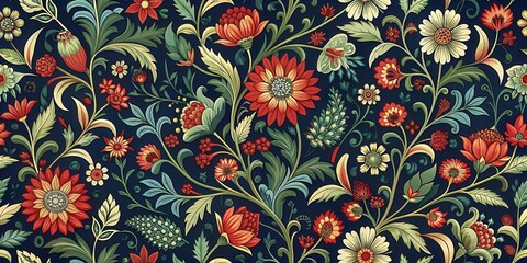 Intricate vintage floral patterns in dark blue, red, and green on a dark background, floral, leaves, flowers, intricate