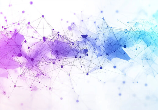 Abstract digital network with pink, blue, and white nodes connected by lines on a white background.