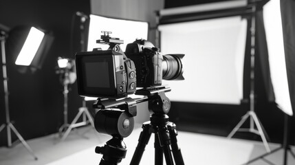 camera on a tripod in Modern photo studio with professional equipment, Background for product photography, mockup design, product presentation