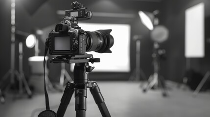 camera on a tripod in Modern photo studio with professional equipment, Background for product photography, mockup design, product presentation
