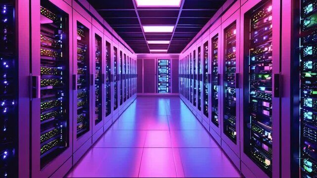 Server room data center. Backup, mining, hosting, mainframe and computer rack with storage information