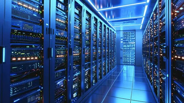 Server room data center. Backup, mining, hosting, mainframe and computer rack with storage information
