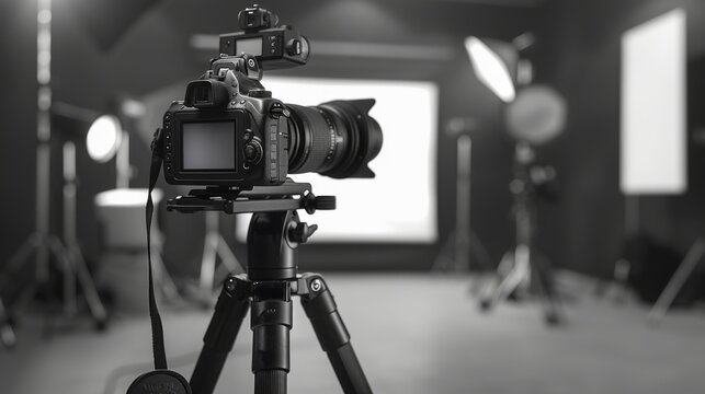 camera on a tripod in Modern photo studio with professional equipment, Background for product photography, mockup design, product presentation