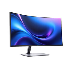A curved blue and purple computer monitor with a sleek, modern design Transparent background