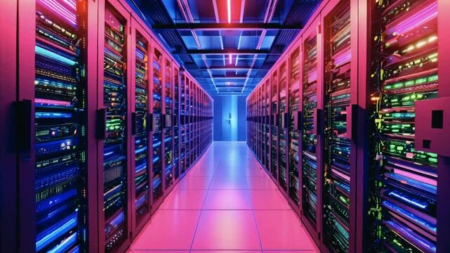 Server room data center. Backup, mining, hosting, mainframe and computer rack with storage information