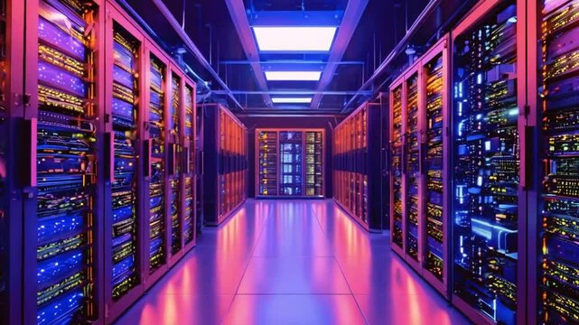 Server room data center. Backup, mining, hosting, mainframe and computer rack with storage information