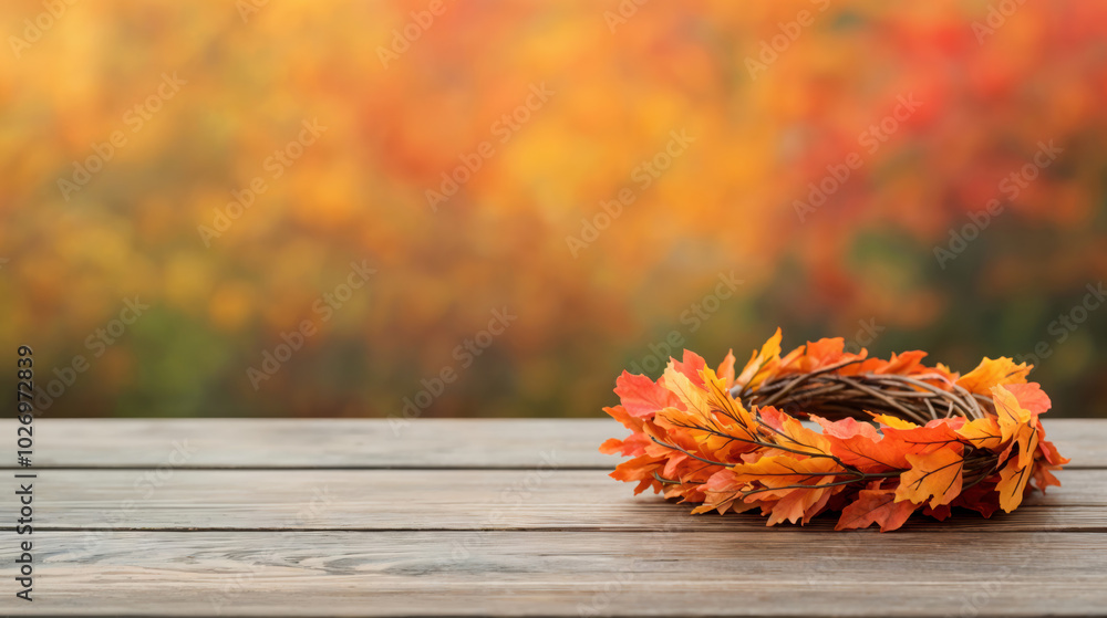 Aufkleber autumn leaves wreath lying on an empty wooden table with blurry forest as background