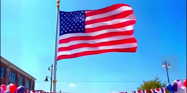 American flag flying, vibrant colors, clear blue sky, patriotic imagery, urban setting, street lamp