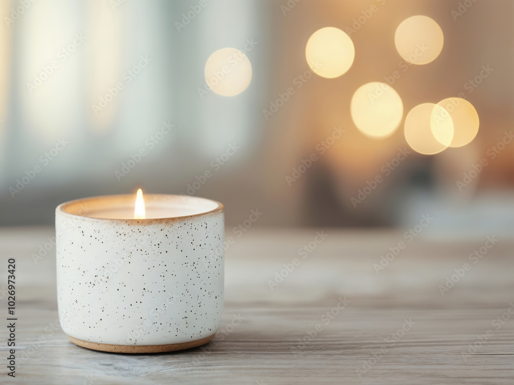 Aufkleber burning scented candle is standing on an empty table with blurred lights in the background, creating