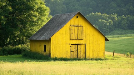 Obraz premium A rustic wooden barn painted yellow, surrounded by green fields and a peaceful countryside setting.
