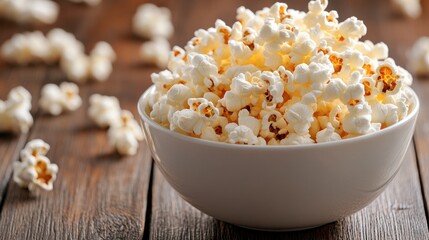 Fresh Popcorn in a White Bowl on Wooden Table