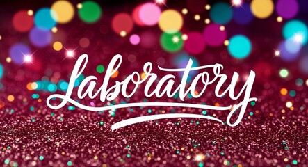 Laboratory calligraphic lettering on colorful bokeh glitter festive sparkles background