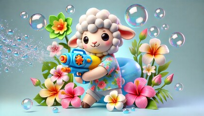 Naklejka premium Little sheep are having fun playing with water guns