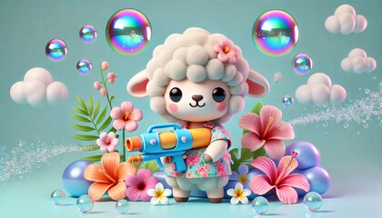 Fototapeta premium Little sheep are having fun playing with water guns