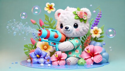 Fototapeta premium A little polar bear is having fun playing with a water gun