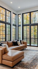 Obraz premium A modern living room with large windows overlooking a wooded area. The room is furnished with a leather sectional sofa and a patterned rug.